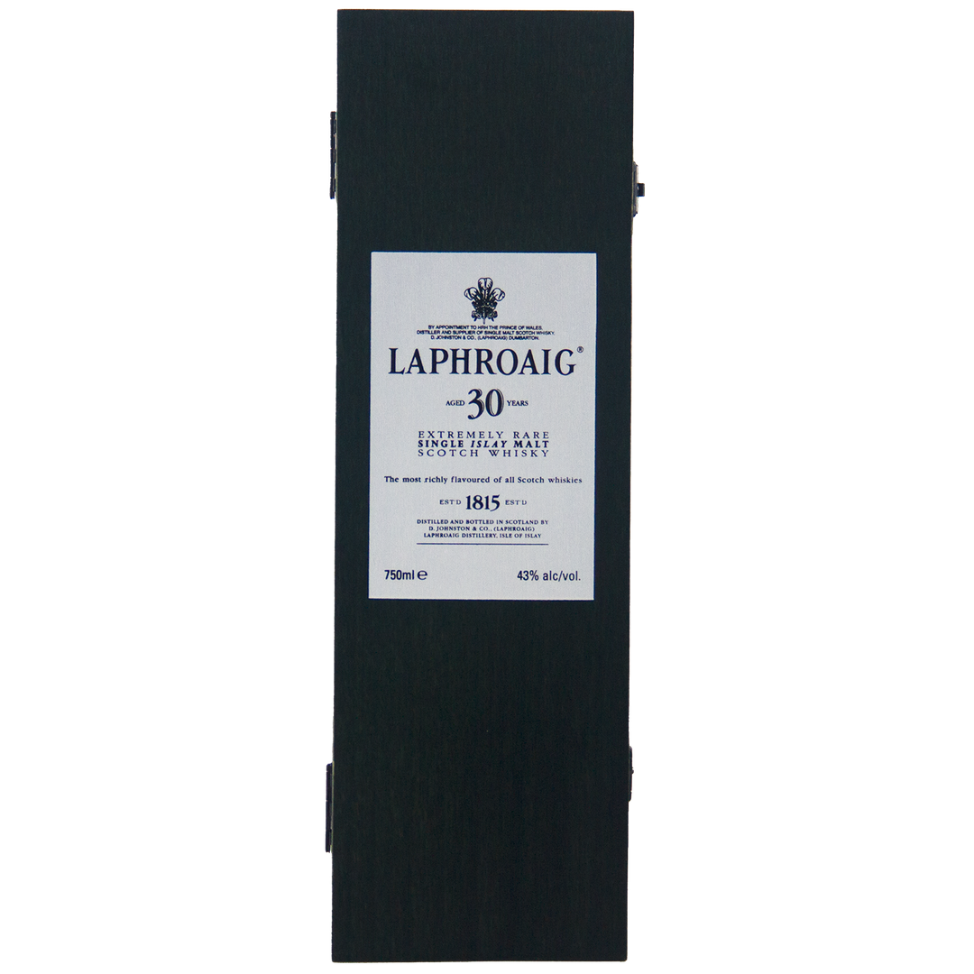A rectangular black box with a white label reading Laphroaig 30 Year Old Limited Edition Single Malt Whisky, featuring details on this rare collectible and its alcohol content.