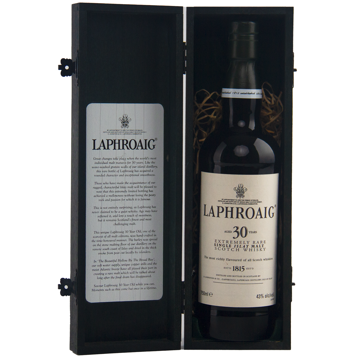 This rare Laphroaig 30 Year Old Limited Edition Single Malt Whisky is presented upright in a black wooden box, with a detailed description inside the lid.