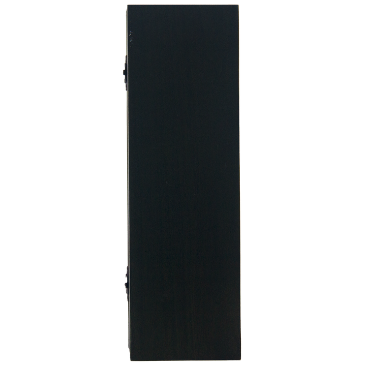 A tall, rectangular black object stands vertically against a white background—an understated side view that suggests it could be the rare Laphroaig 30 Year Old Limited Edition Single Malt Whisky.