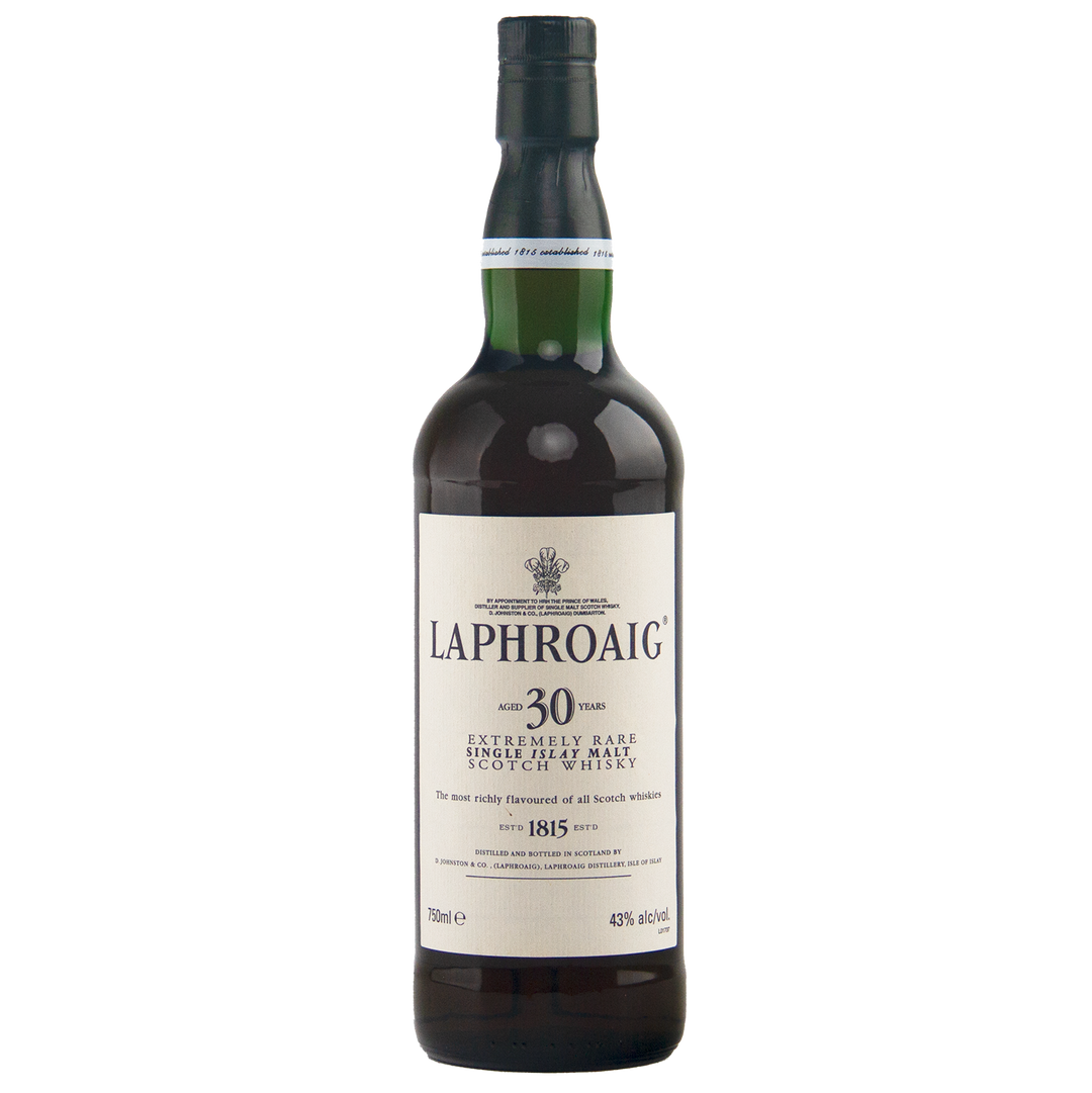A collectible Laphroaig 30 Year Old Limited Edition Single Malt Whisky, this bottle features dark green glass, a white label, and black cap with the brand name and whisky details boldly displayed in black lettering.