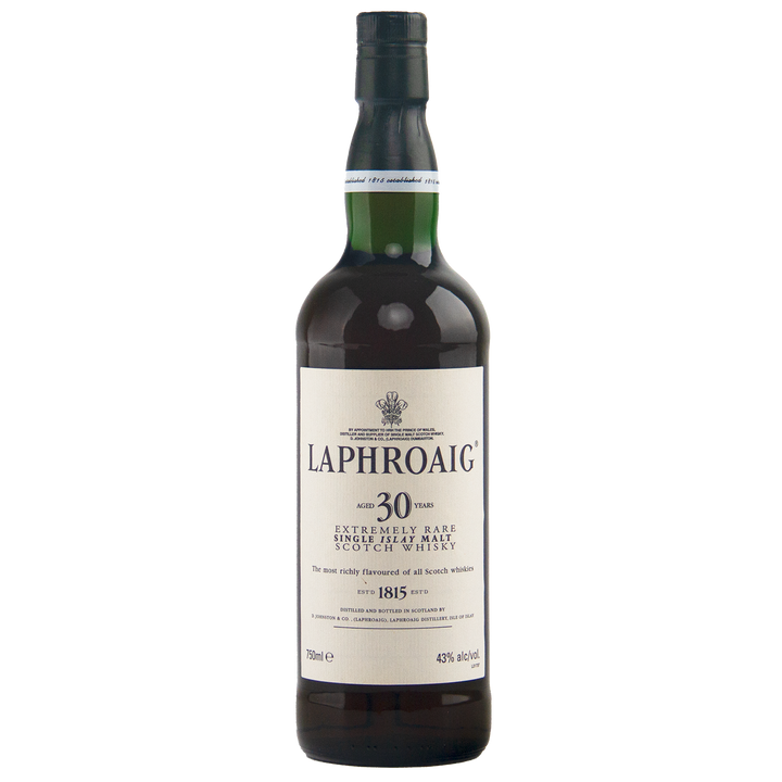A collectible Laphroaig 30 Year Old Limited Edition Single Malt Whisky, this bottle features dark green glass, a white label, and black cap with the brand name and whisky details boldly displayed in black lettering.