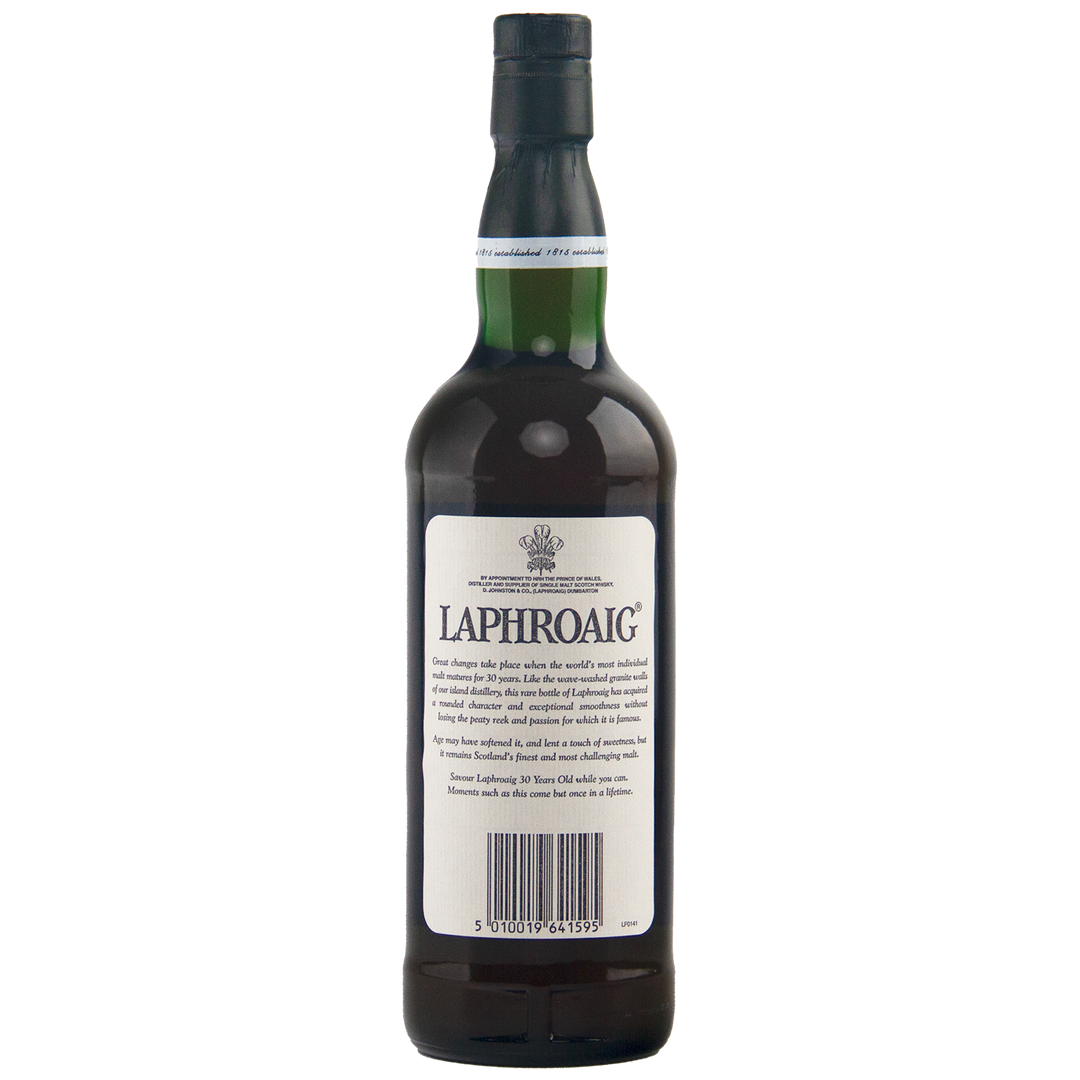 A dark green bottle of Laphroaig 30 Year Old Limited Edition Single Malt Whisky features a white label with black text, shown from the back against a plain white background.