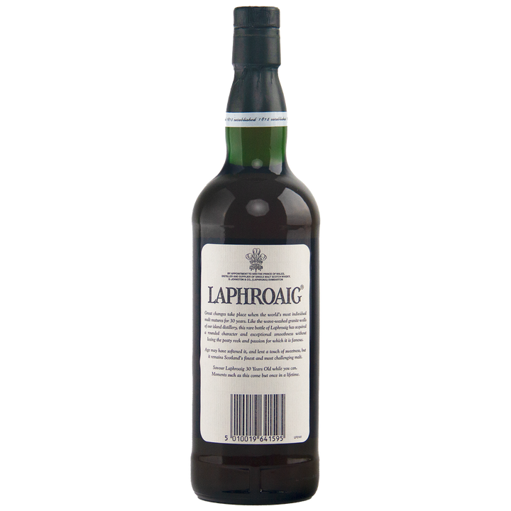 A dark green bottle of Laphroaig 30 Year Old Limited Edition Single Malt Whisky features a white label with black text, shown from the back against a plain white background.