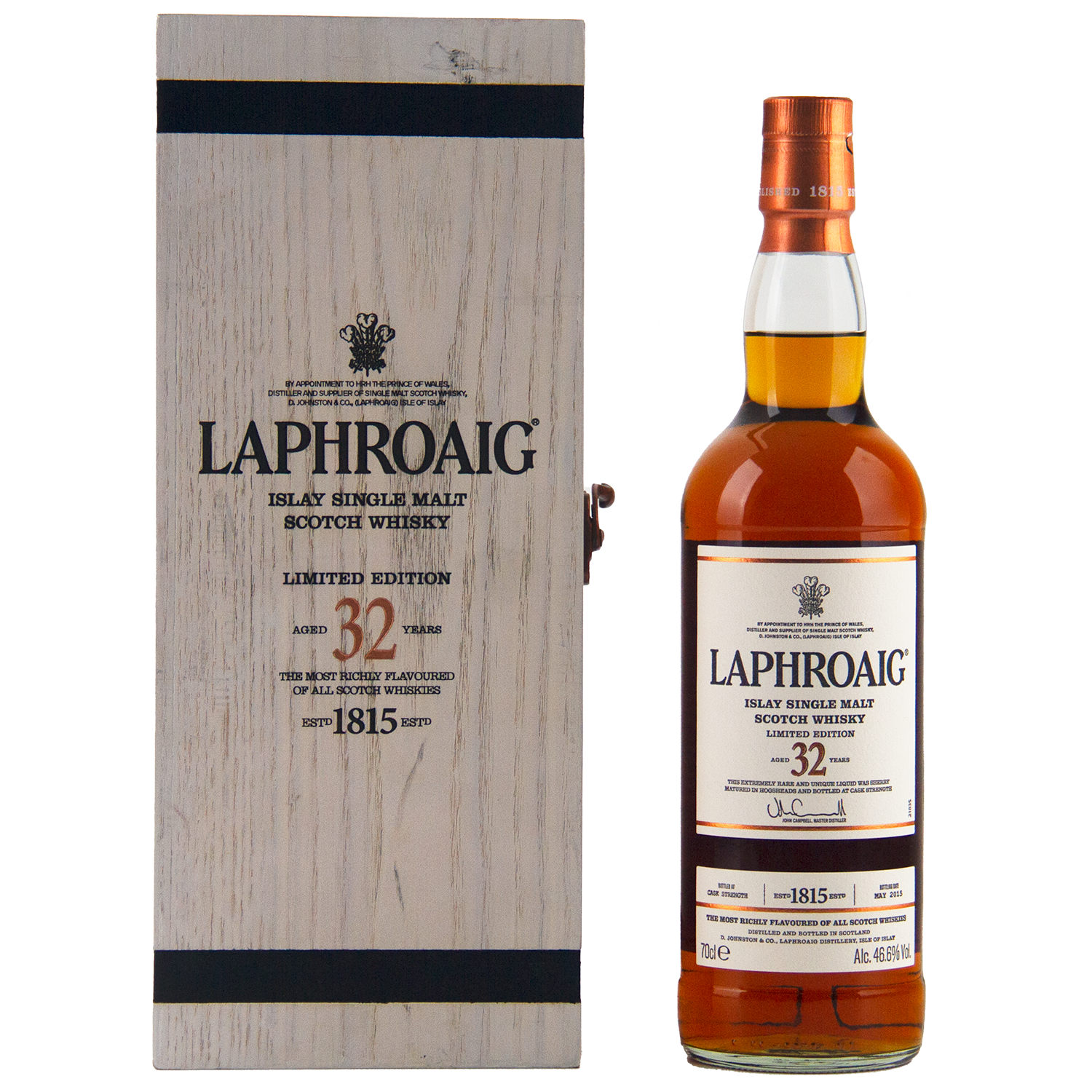Laphroaig 32-year-old single malt Scotch whisky bottle and wooden box on a white background