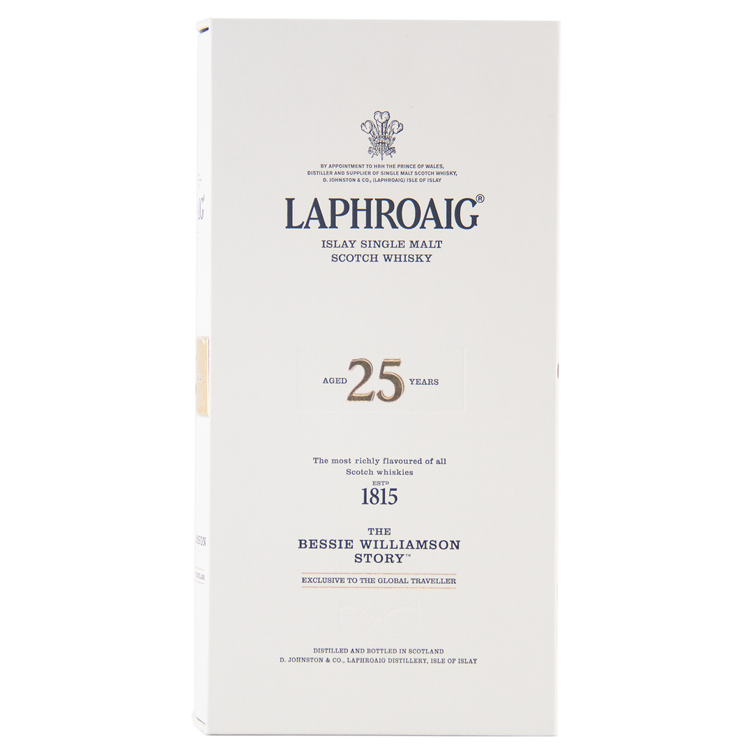 The white box of Laphroaig Bessie Williamson Story 25 Year Old Limited Edition Whisky features black and gold text on a minimalist background, highlighting The Bessie Williamson Story and the distillery’s founding year, 1815.