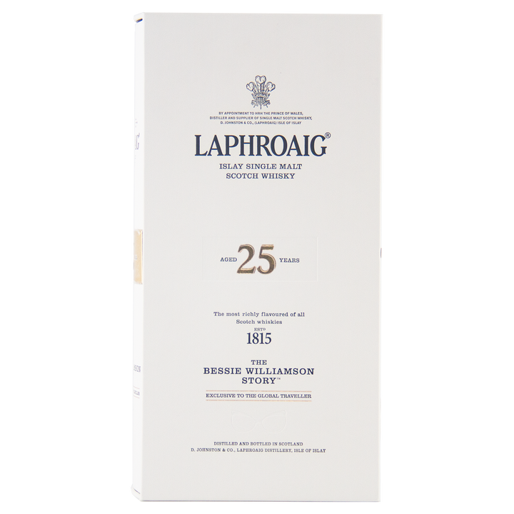 The white box of Laphroaig Bessie Williamson Story 25 Year Old Limited Edition Whisky features black and gold text on a minimalist background, highlighting The Bessie Williamson Story and the distillery’s founding year, 1815.