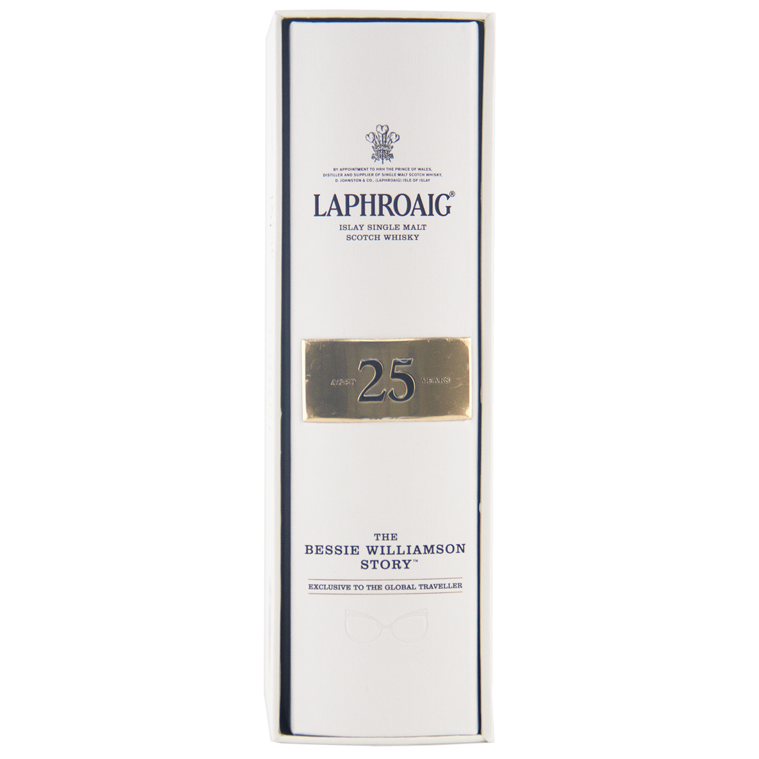 A white box of Laphroaig Bessie Williamson Story 25 Year Old Limited Edition Whisky, a travel-retail exclusive, features gold and blue text, a gold "25" plaque, and celebrates The Bessie Williamson Story edition.