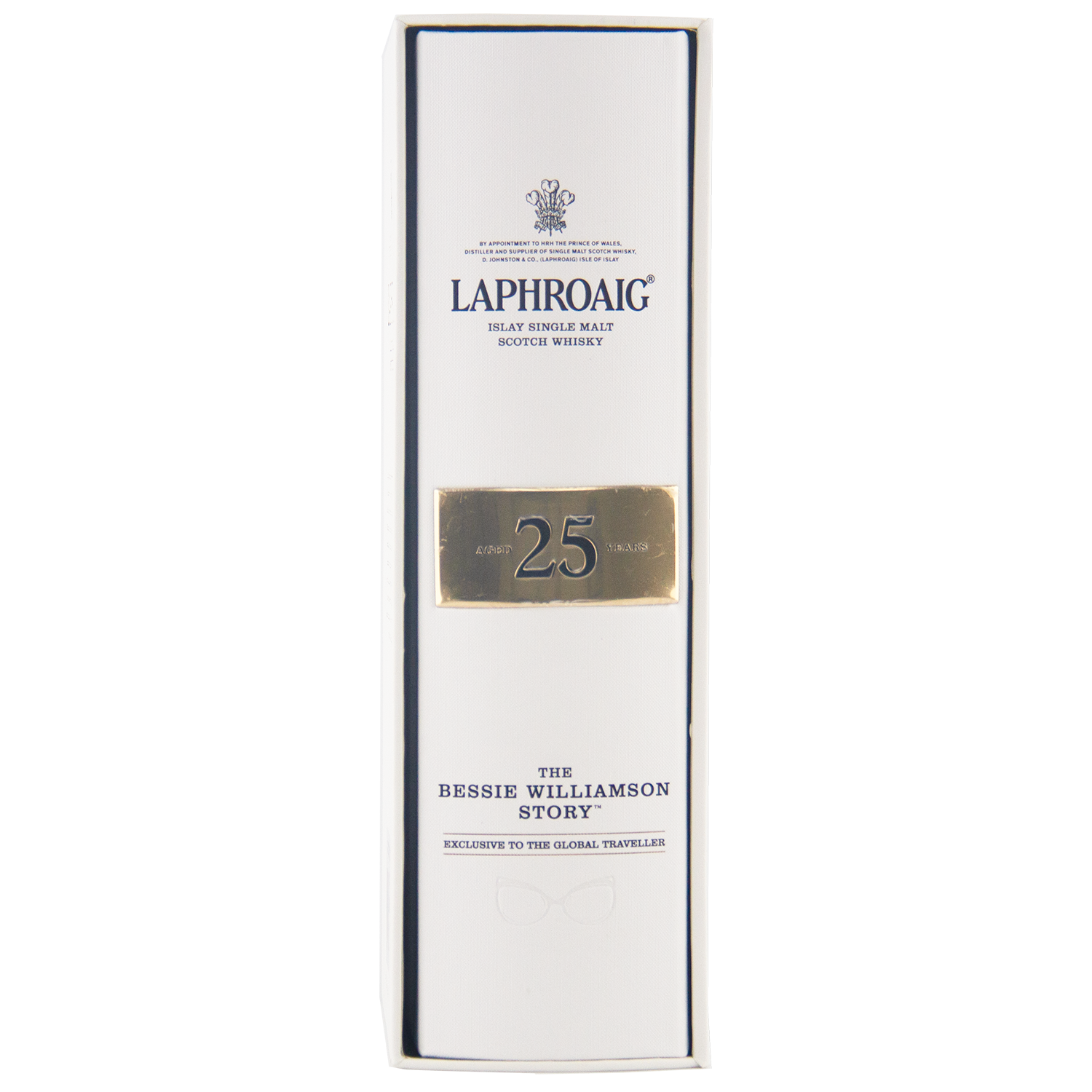 A white box of Laphroaig Bessie Williamson Story 25 Year Old Limited Edition Whisky, a travel-retail exclusive, features gold and blue text, a gold "25" plaque, and celebrates The Bessie Williamson Story edition.