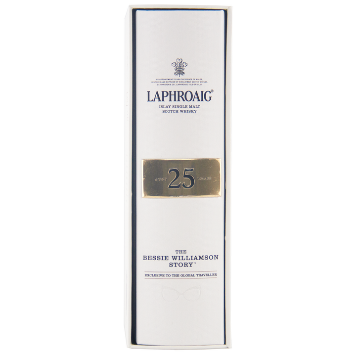 A white box of Laphroaig Bessie Williamson Story 25 Year Old Limited Edition Whisky, a travel-retail exclusive, features gold and blue text, a gold "25" plaque, and celebrates The Bessie Williamson Story edition.