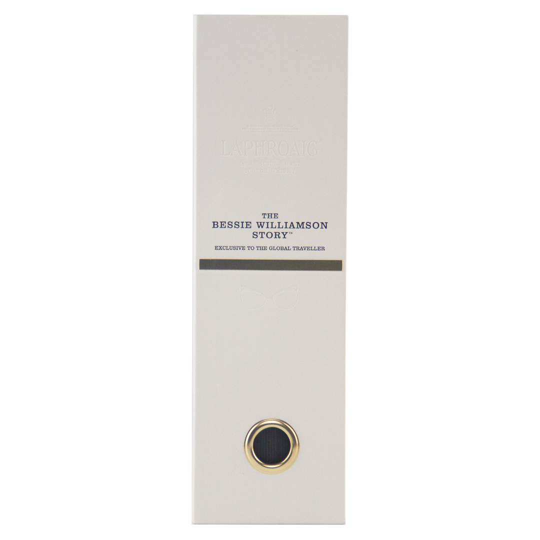 A tall, rectangular white box with gold and navy accents labeled "The Bessie Williamson Story," designed exclusively for the Laphroaig Bessie Williamson Story 25 Year Old Limited Edition Whisky from the renowned Scotch distillery.