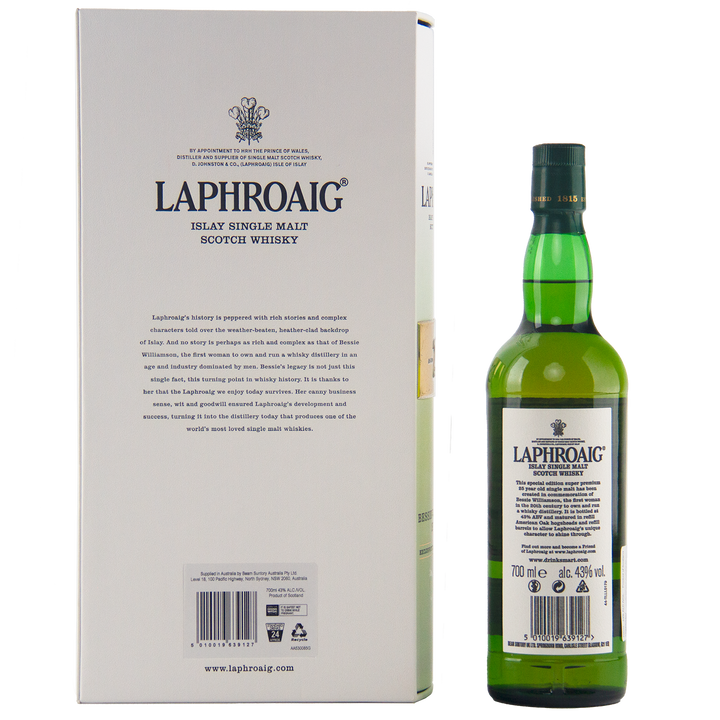 A green bottle of Laphroaig Bessie Williamson Story 25 Year Old Limited Edition Whisky stands beside its white box, both featuring the brand name and product details.