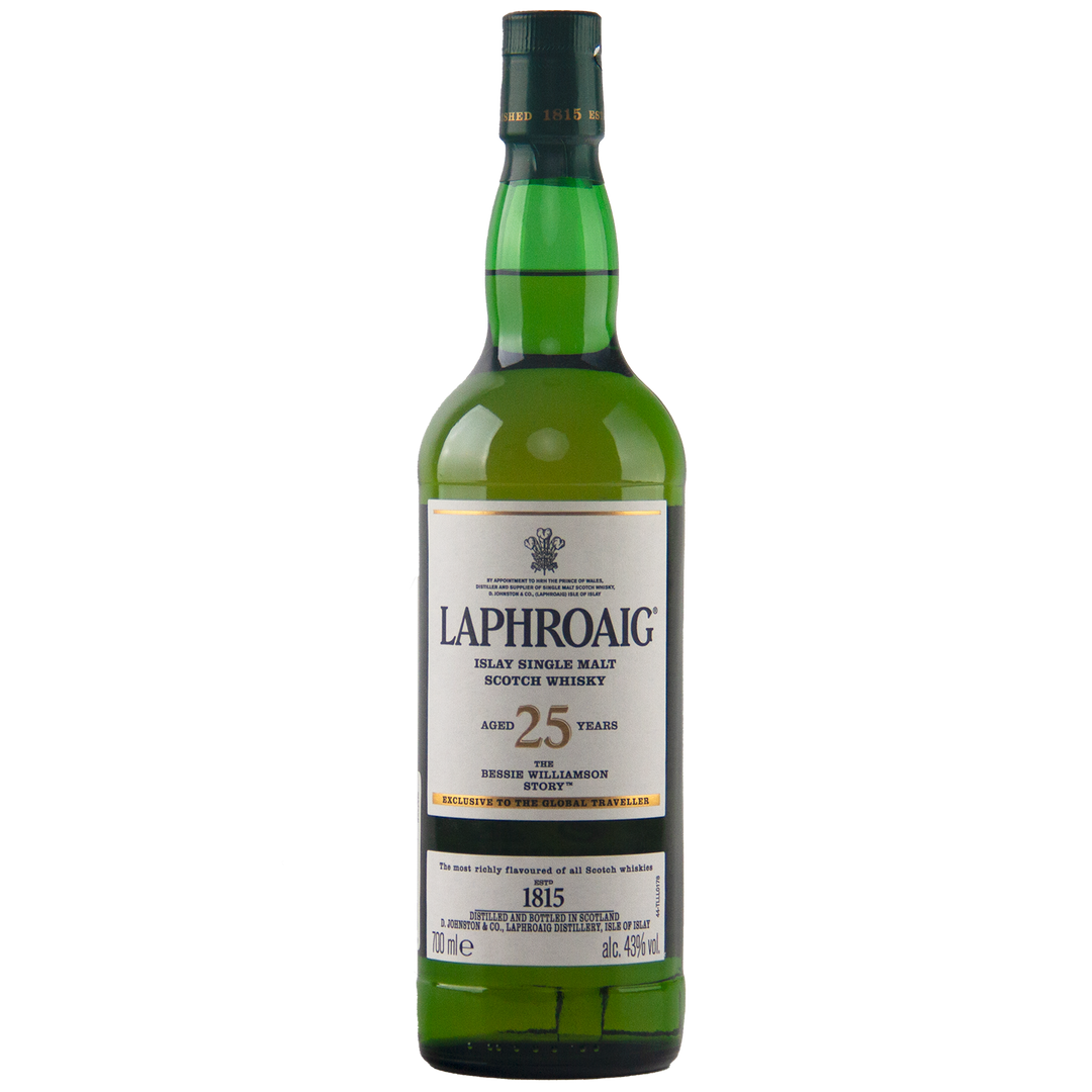 A green bottle of Laphroaig Bessie Williamson Story 25 Year Old Limited Edition Whisky with a white label, gold accents, and a green cap is displayed against a plain white background.