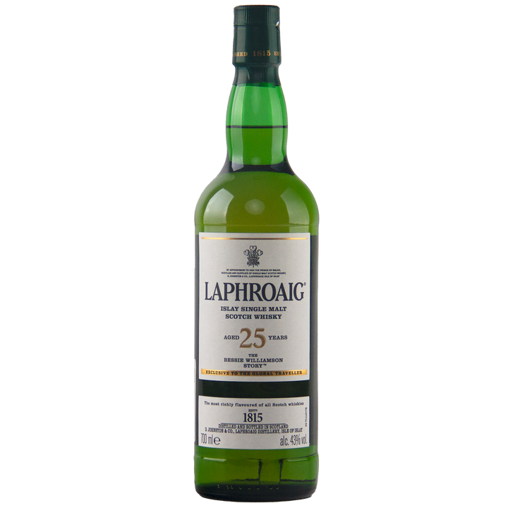 A green bottle of Laphroaig Bessie Williamson Story 25 Year Old Limited Edition Whisky with a white label, gold accents, and a green cap is displayed against a plain white background.