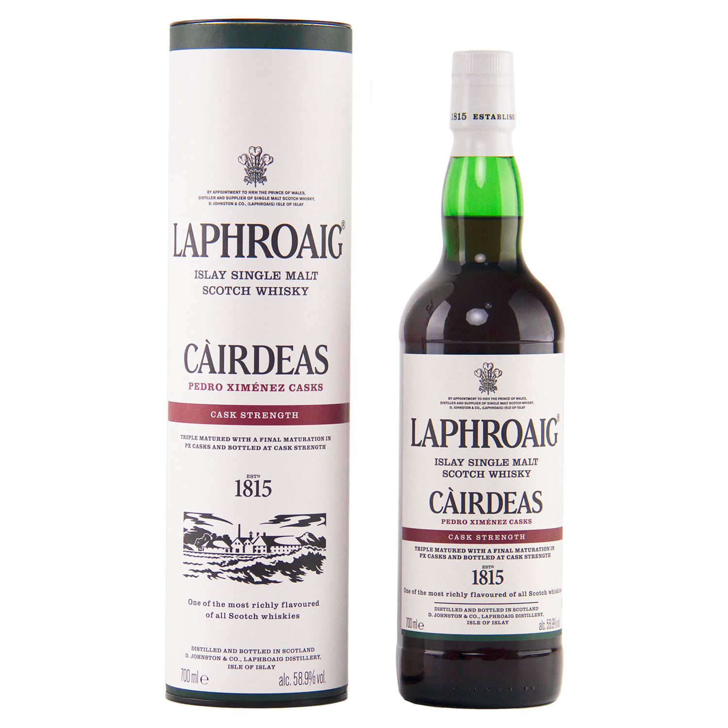 Laphroaig Cairdeas whisky bottle and packaging on a white background