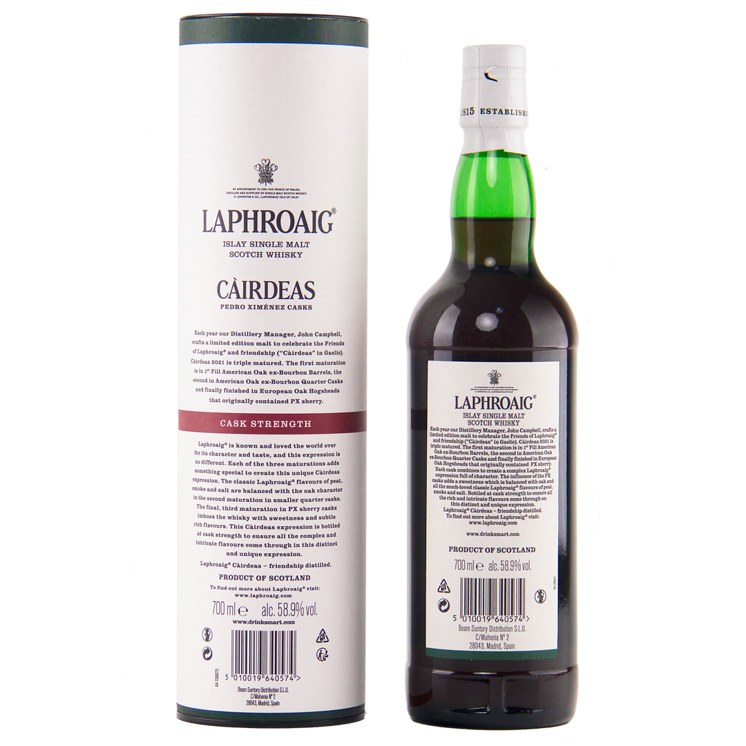 Laphroaig whisky bottle and packaging on a white background
