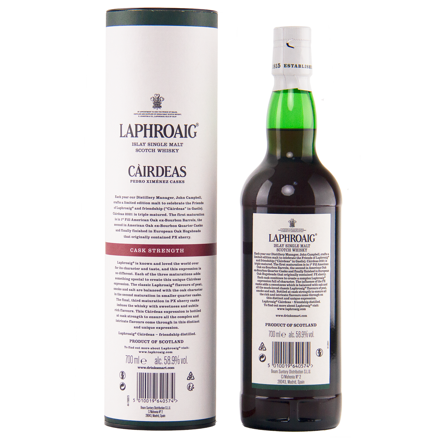 Laphroaig whisky bottle and packaging on a white background