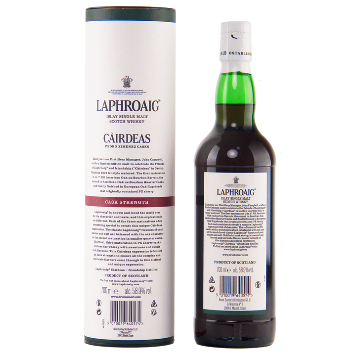 Laphroaig whisky bottle and packaging on a white background