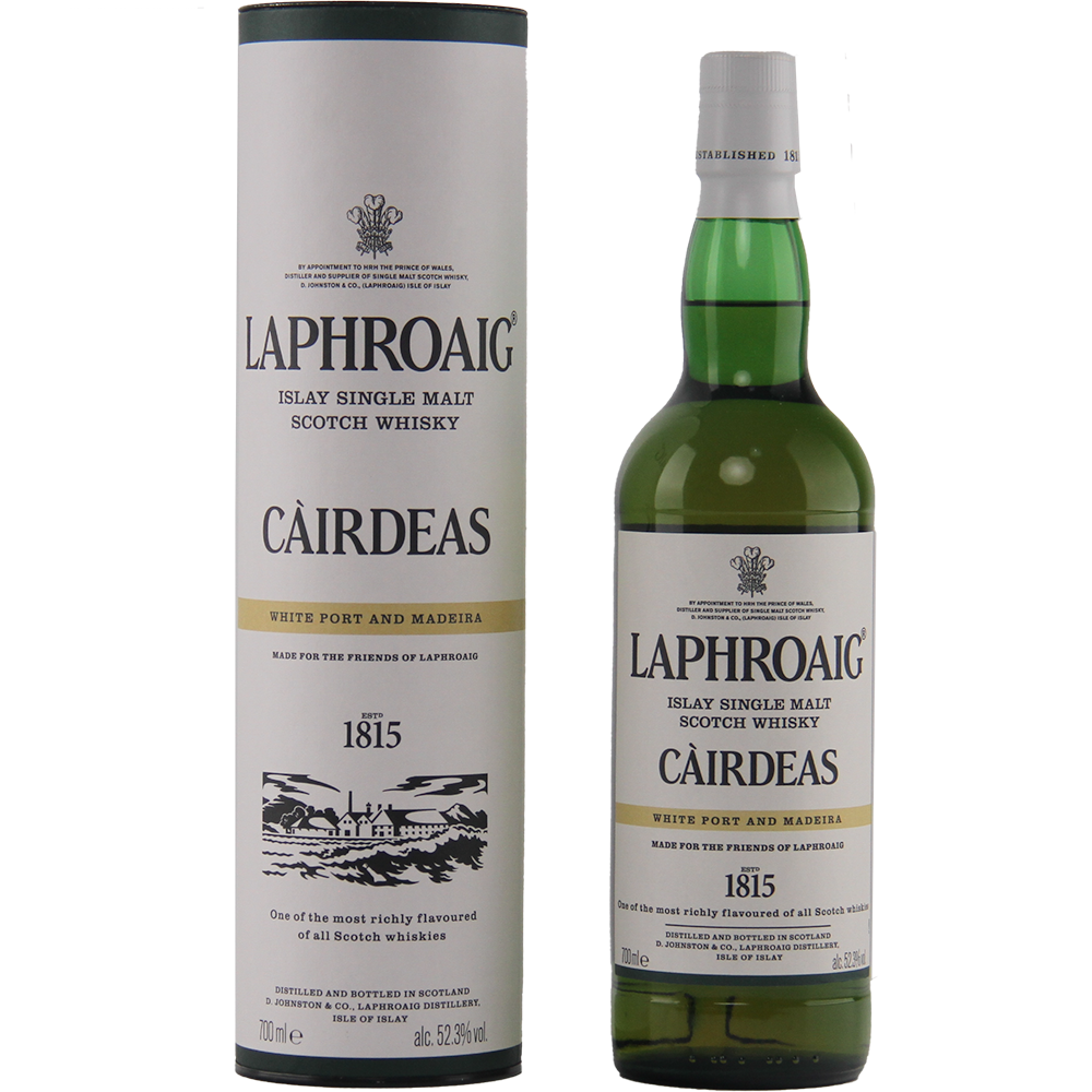 A bottle and tin of Laphroaig Cairdeas White Port and Madeira, a limited edition Islay malt whisky with “1815” on the label, both featuring bold black and gold accents.