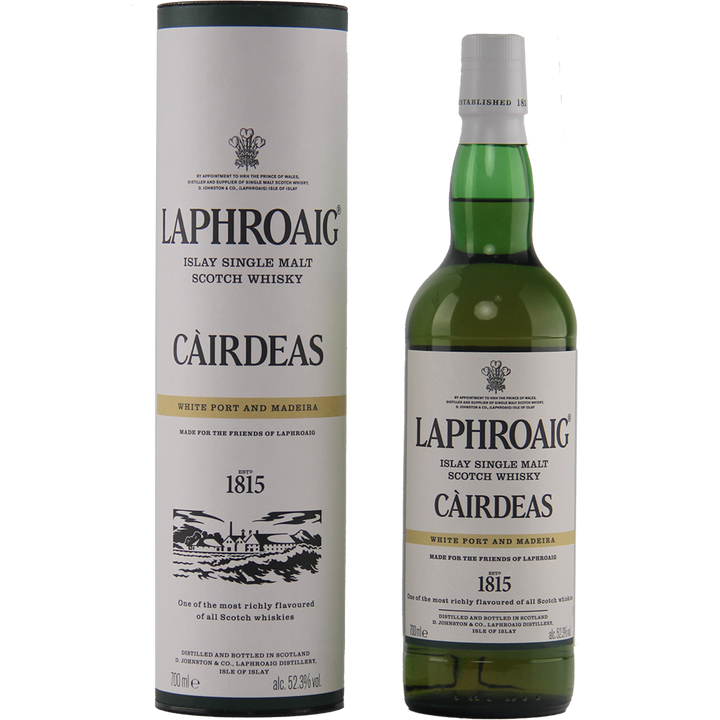 A bottle and tin of Laphroaig Cairdeas White Port and Madeira, a limited edition Islay malt whisky with “1815” on the label, both featuring bold black and gold accents.