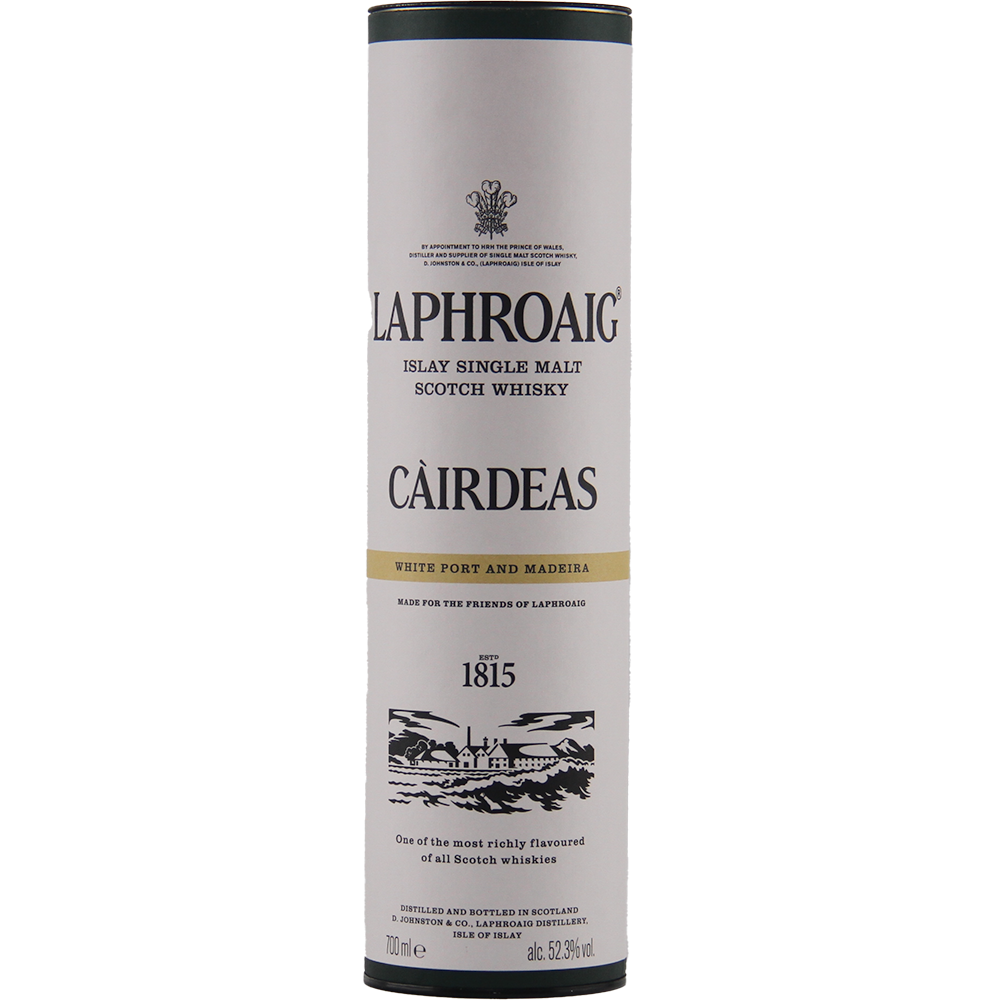 A cylindrical container of Laphroaig Cairdeas White Port and Madeira Islay malt whisky, with black and gold text, a crest, and a distillery illustration on white—celebrating this limited edition release.