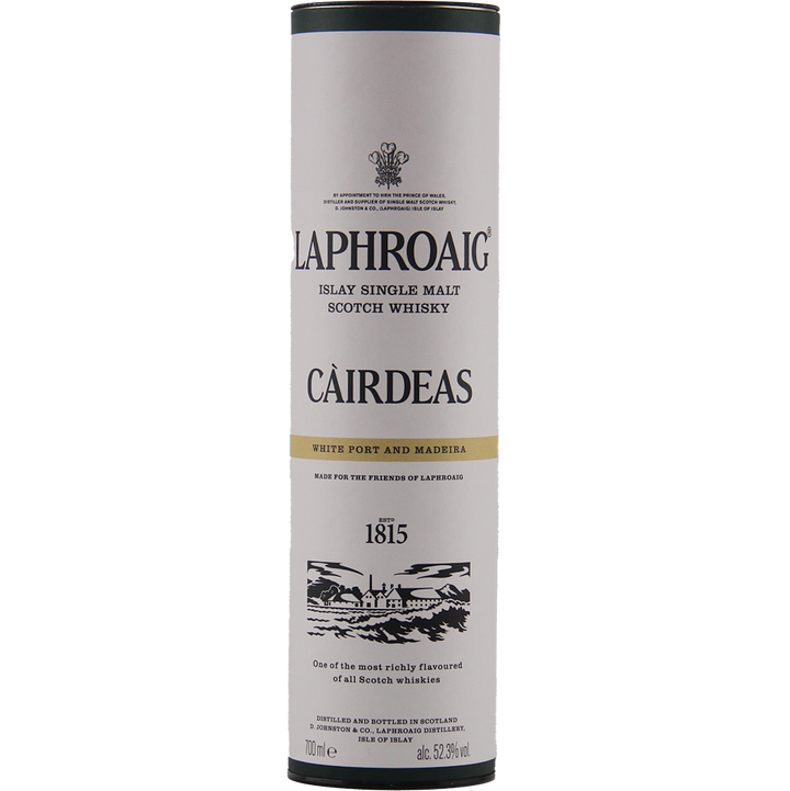 A cylindrical container of Laphroaig Cairdeas White Port and Madeira Islay malt whisky, with black and gold text, a crest, and a distillery illustration on white—celebrating this limited edition release.