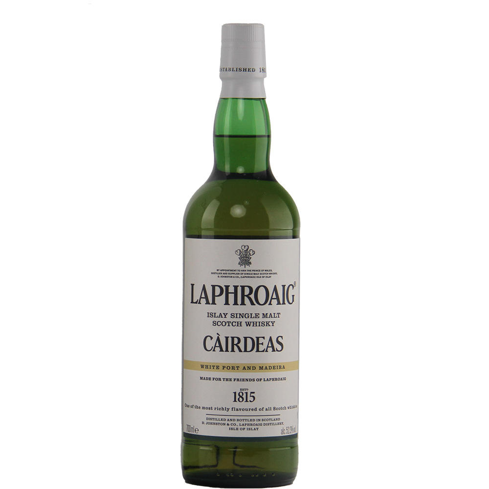 A green glass bottle of Laphroaig Cairdeas White Port and Madeira Islay malt whisky, with a white and gold label and a white cap, is displayed against a plain white background. This limited edition highlights classic Islay character.