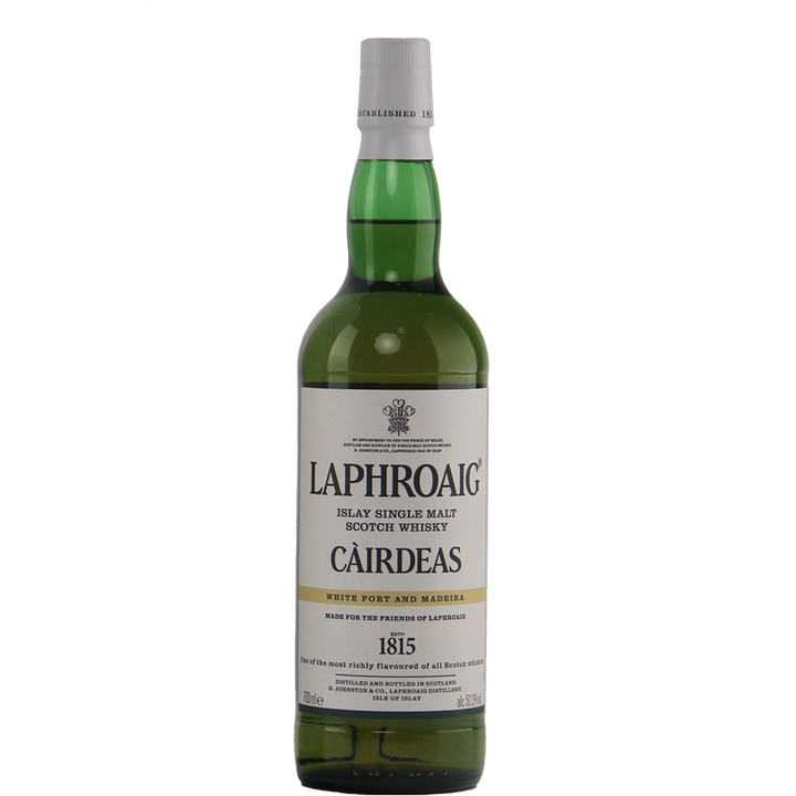 A green glass bottle of Laphroaig Cairdeas White Port and Madeira Islay malt whisky, with a white and gold label and a white cap, is displayed against a plain white background. This limited edition highlights classic Islay character.