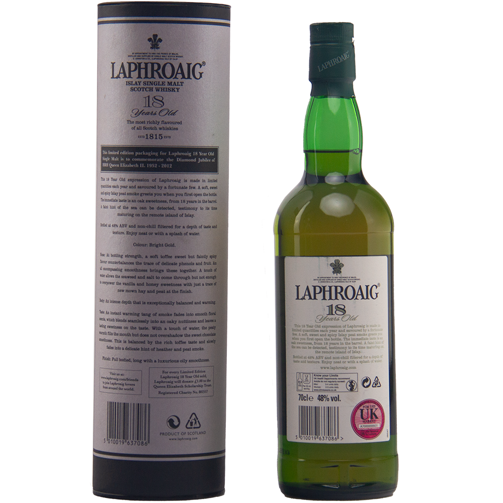 A green bottle of Laphroaig Diamond Jubilee 18 Year Old Limited Edition stands beside its matching cylindrical box, both featuring white, black, and gold branding—a rare collectible whisky treasured by enthusiasts.
