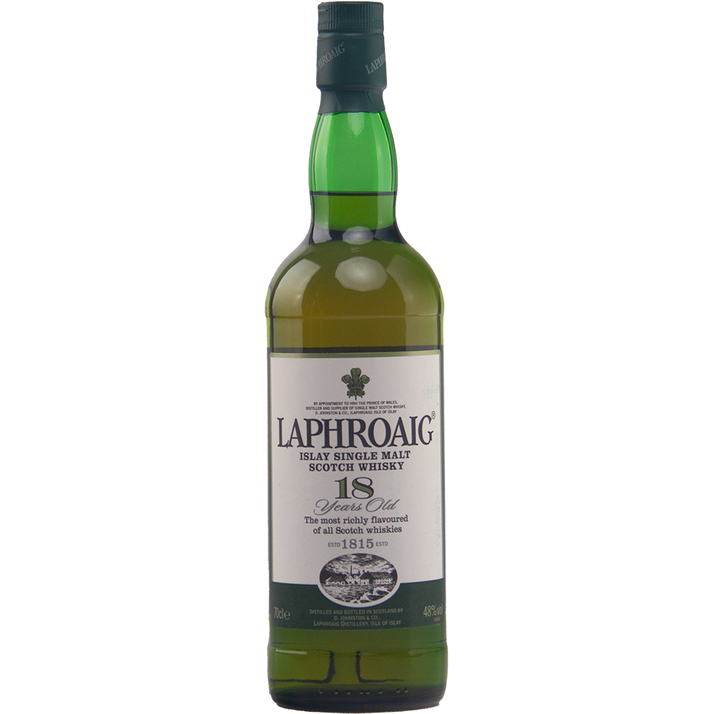 A rare collectible whisky, this bottle of Laphroaig Diamond Jubilee 18 Year Old Limited Edition features a green glass body, white label, and dark green cap against a plain white background.