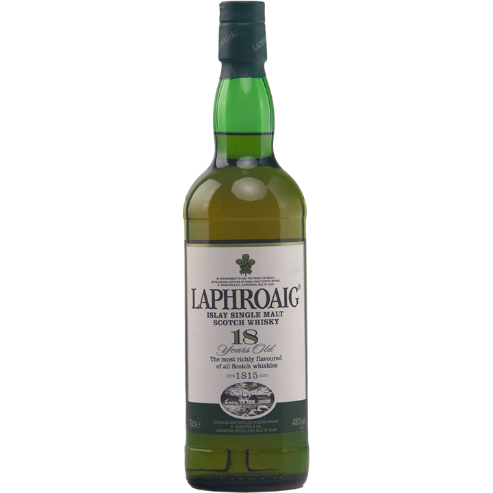 A rare collectible whisky, this bottle of Laphroaig Diamond Jubilee 18 Year Old Limited Edition features a green glass body, white label, and dark green cap against a plain white background.