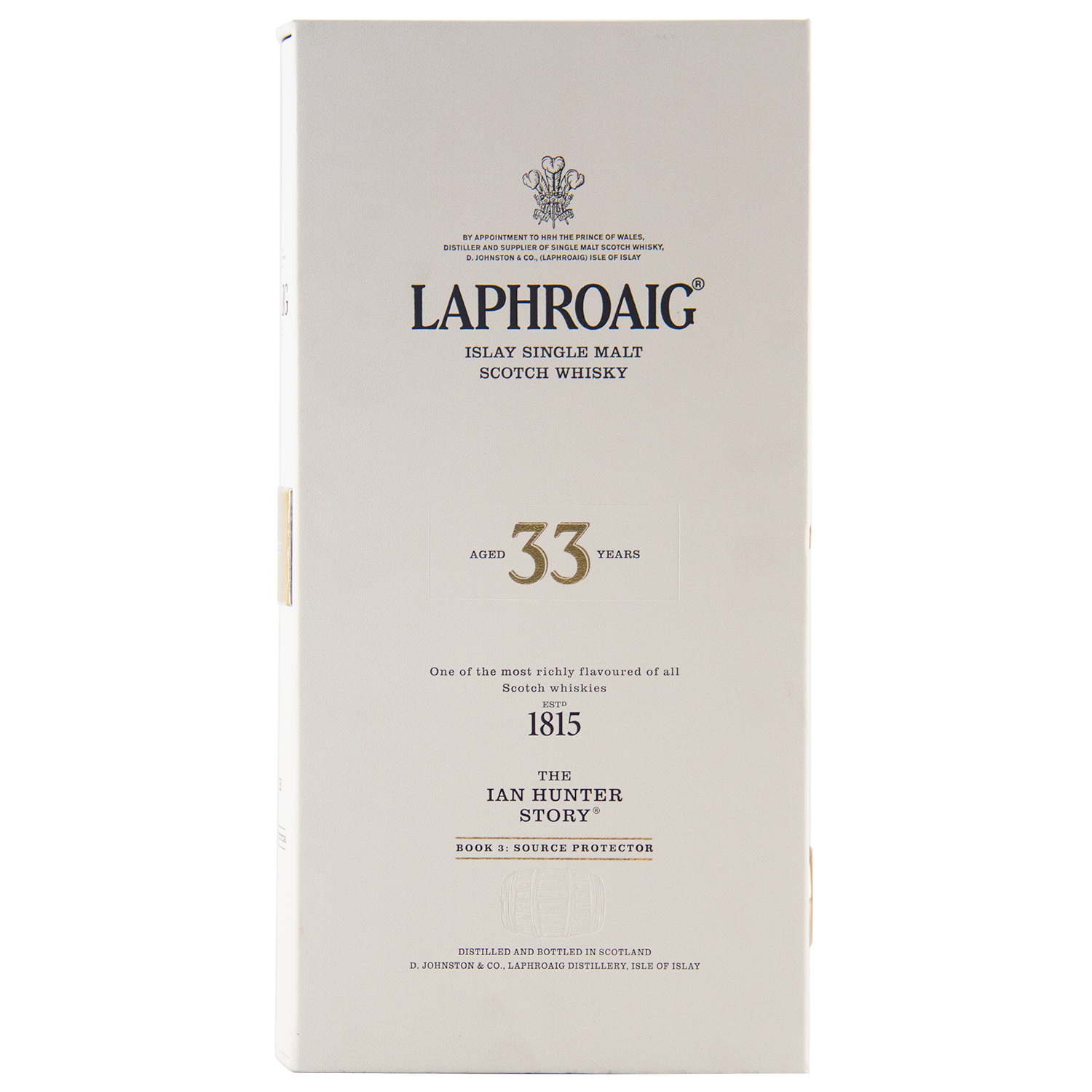 A white box of Laphroaig Ian Hunter Series Book 3 33 Year Old Single Malt Whisky features black text, gold accents, and showcases The Ian Hunter Story: Source Protector, making it a true collector's item.