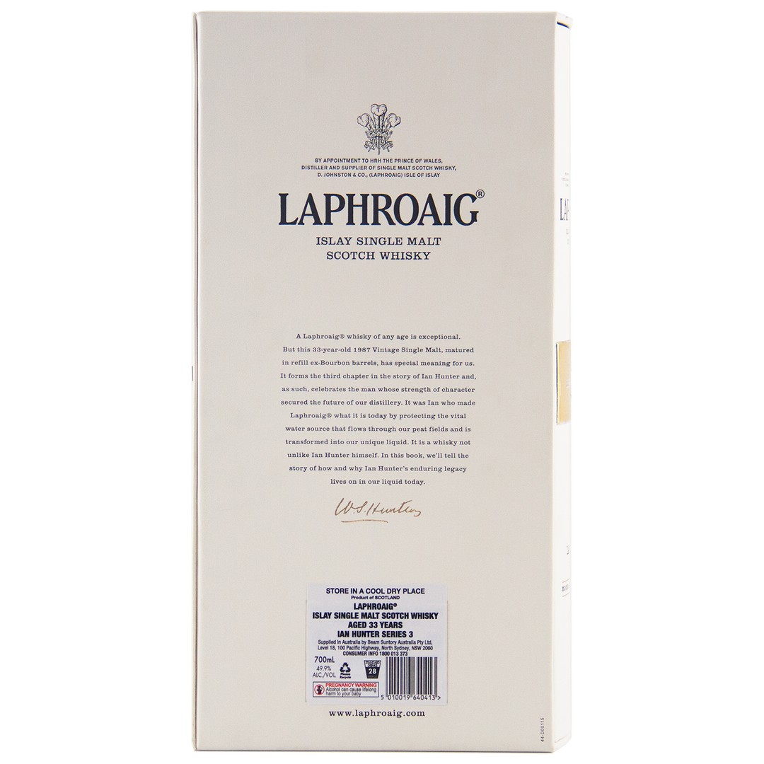 Back view of the Laphroaig Ian Hunter Series Book 3 33 Year Old Single Malt Whisky box, showing detailed product info, barcode, storage instructions, and the Laphroaig logo on a cream background.