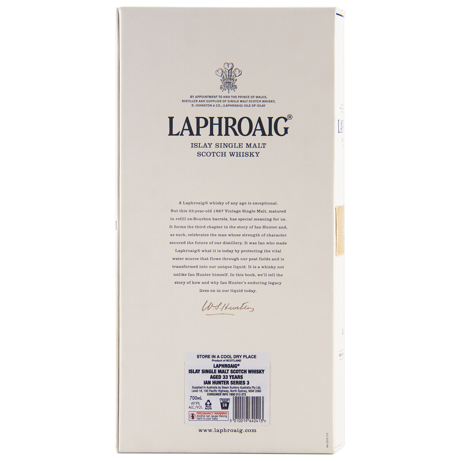 Back view of the Laphroaig Ian Hunter Series Book 3 33 Year Old Single Malt Whisky box, showing detailed product info, barcode, storage instructions, and the Laphroaig logo on a cream background.