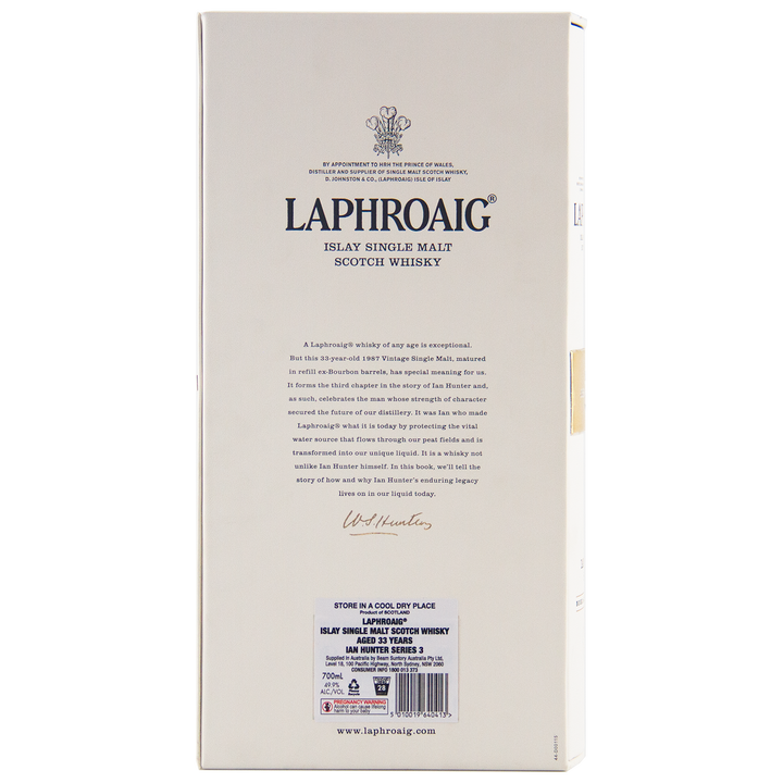 Back view of the Laphroaig Ian Hunter Series Book 3 33 Year Old Single Malt Whisky box, showing detailed product info, barcode, storage instructions, and the Laphroaig logo on a cream background.