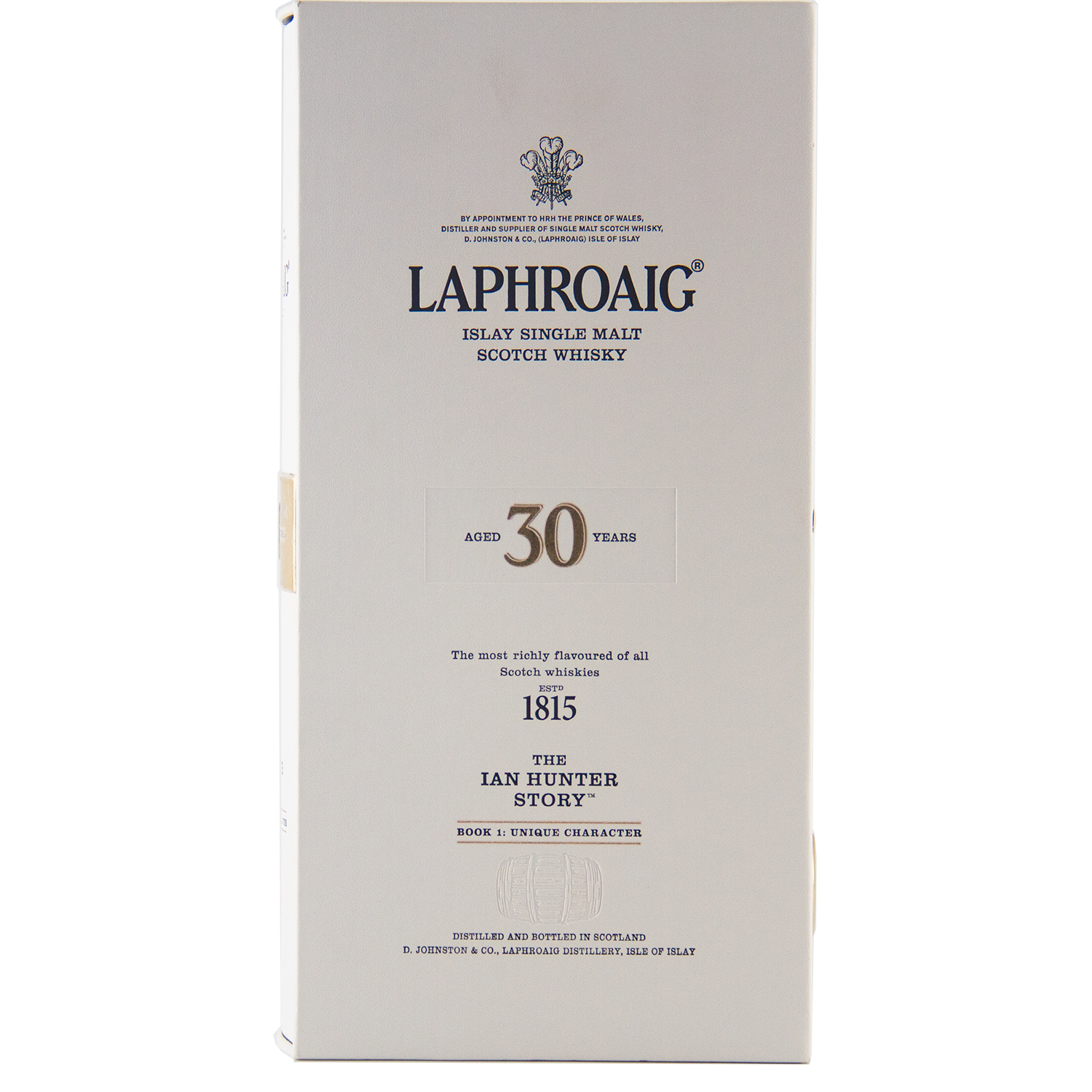 Front view of a white box of Laphroaig Ian Hunter Story Book 1 30 Year Old Single Malt Whisky, featuring aging details, The Ian Hunter Story text, and decorative branding.