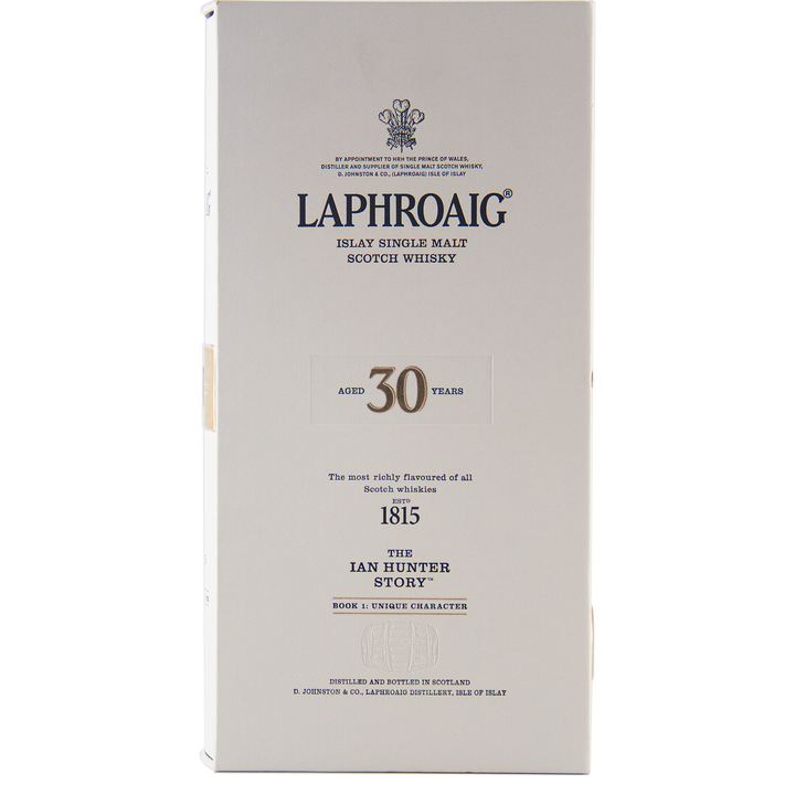 Front view of a white box of Laphroaig Ian Hunter Story Book 1 30 Year Old Single Malt Whisky, featuring aging details, The Ian Hunter Story text, and decorative branding.