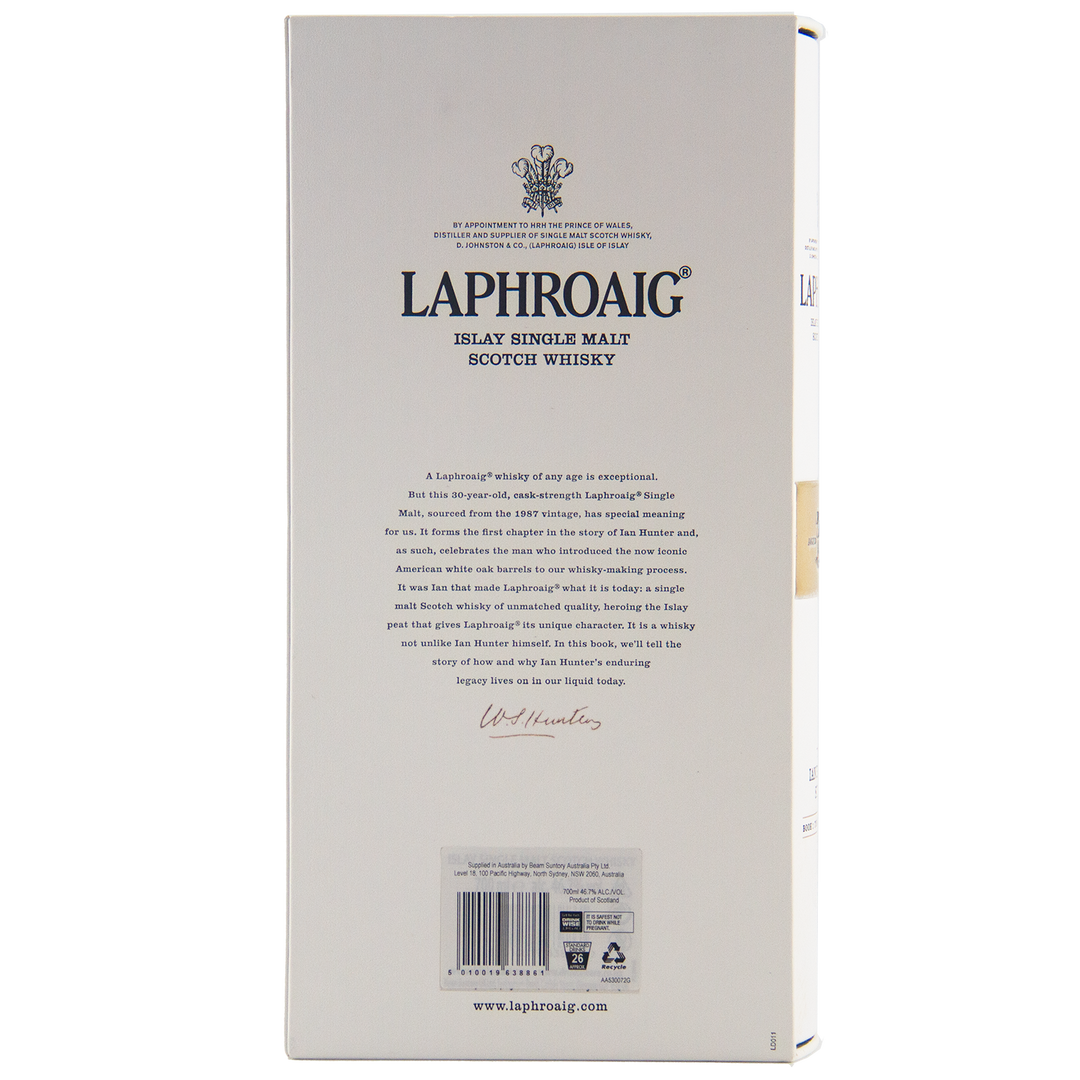 The back of the Laphroaig Ian Hunter Story Book 1 30 Year Old Single Malt Whisky box displays the brand logo, descriptive text, a signature, barcode, and www.laphroaig.com on a white background with black text.