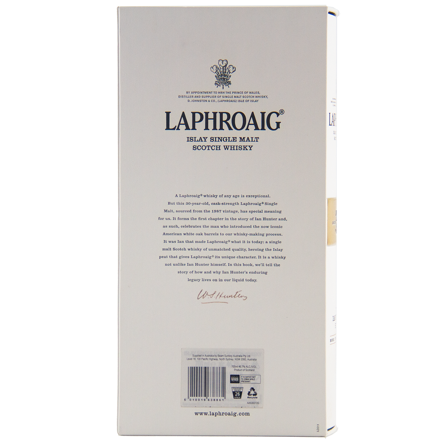 The back of the Laphroaig Ian Hunter Story Book 1 30 Year Old Single Malt Whisky box displays the brand logo, descriptive text, a signature, barcode, and www.laphroaig.com on a white background with black text.