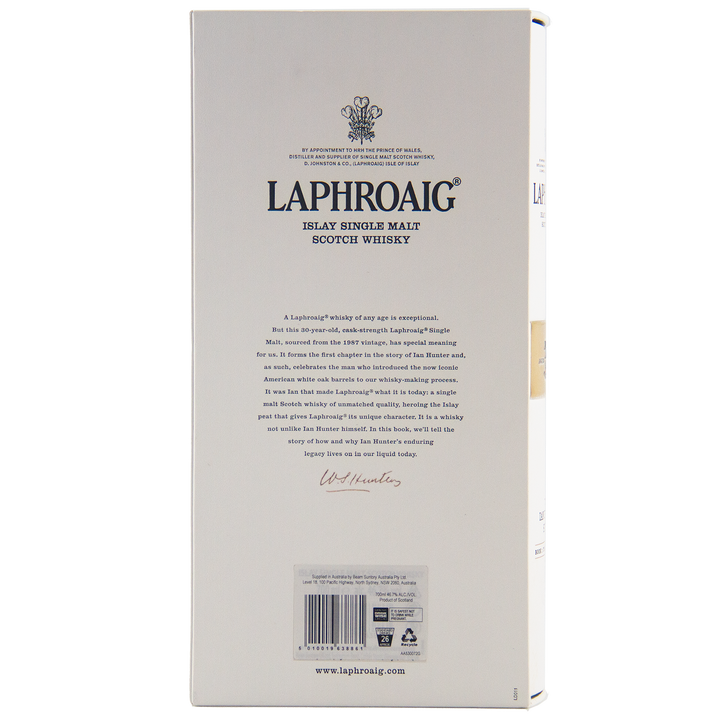 The back of the Laphroaig Ian Hunter Story Book 1 30 Year Old Single Malt Whisky box displays the brand logo, descriptive text, a signature, barcode, and www.laphroaig.com on a white background with black text.