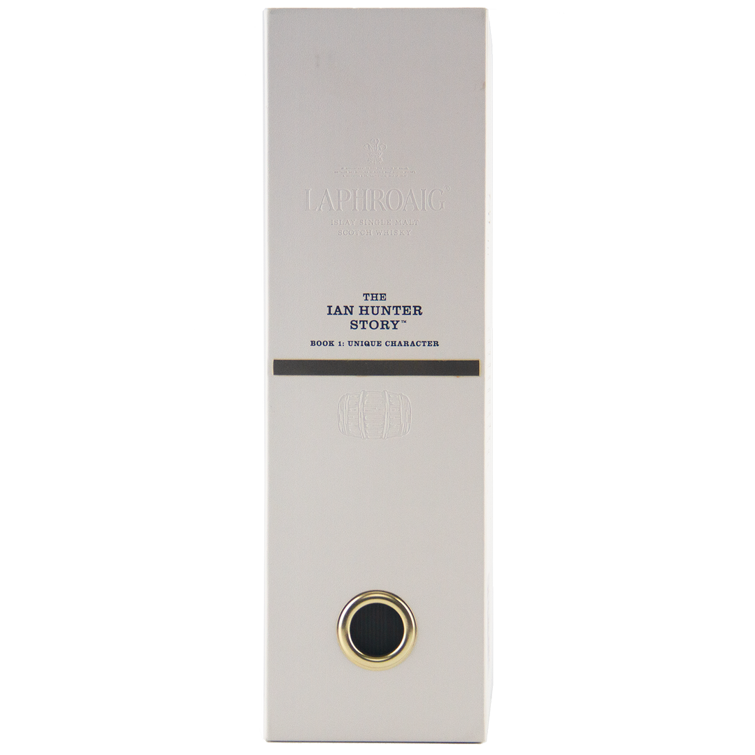 A tall, white rectangular box with embossed text reading “Laphroaig The Ian Hunter Story Book 1: 30 Year Old Single Malt Whisky,” part of the prestigious Laphroaig Ian Hunter collector series, featuring a gold and black circular detail at the bottom.