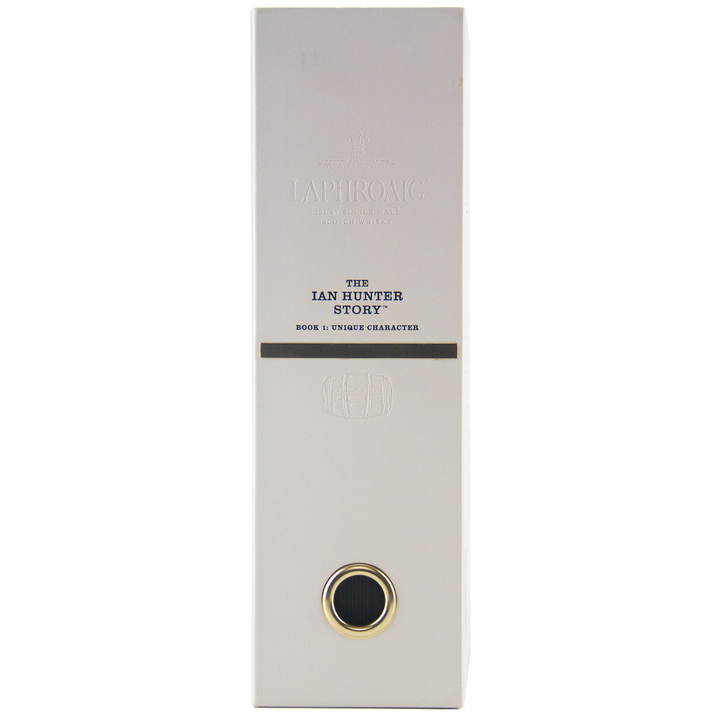 A tall, white rectangular box with embossed text reading “Laphroaig The Ian Hunter Story Book 1: 30 Year Old Single Malt Whisky,” part of the prestigious Laphroaig Ian Hunter collector series, featuring a gold and black circular detail at the bottom.