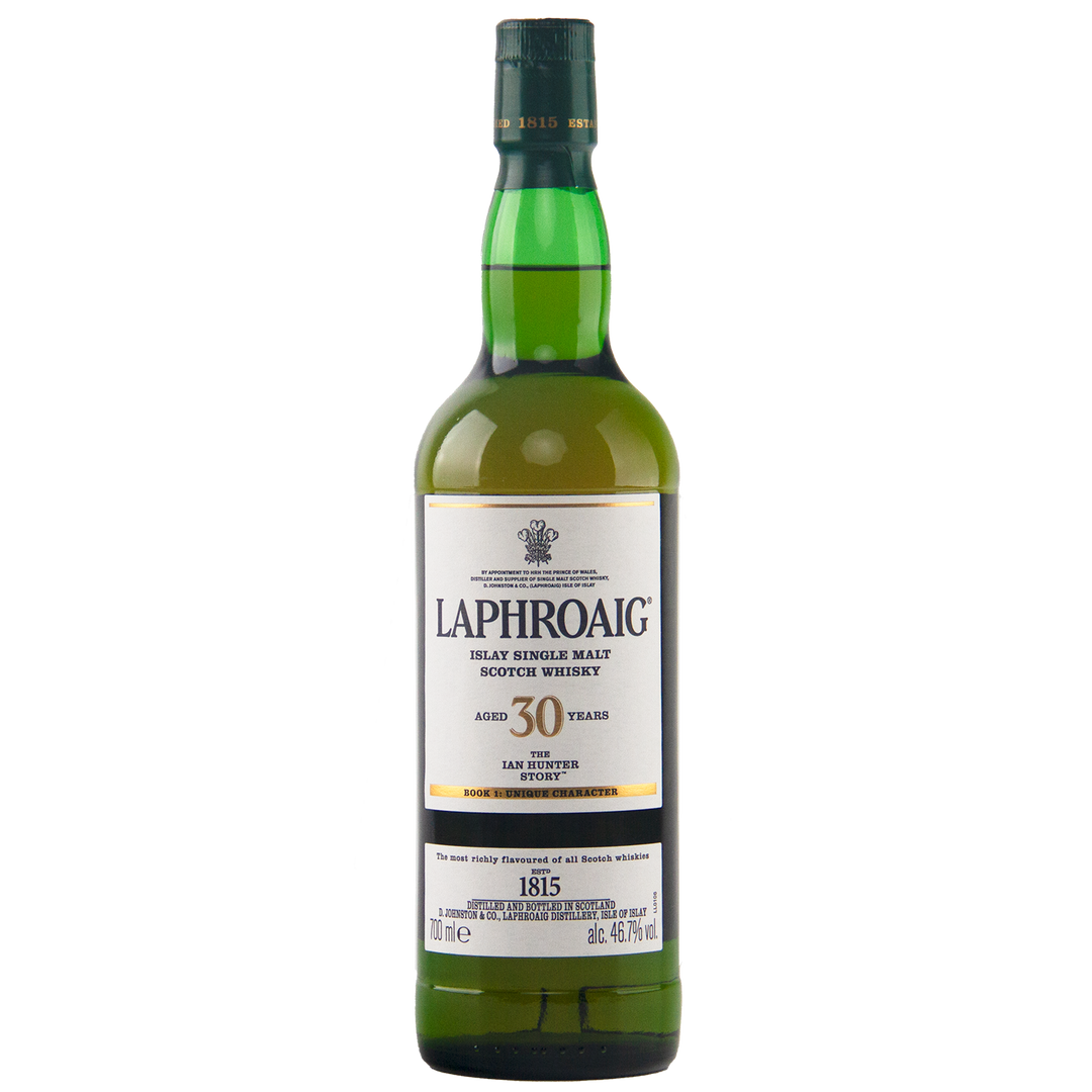 A green glass bottle of Laphroaig Ian Hunter Story Book 1 30 Year Old Single Malt Whisky, with a white and gold label and green cap, stands upright on a white background.