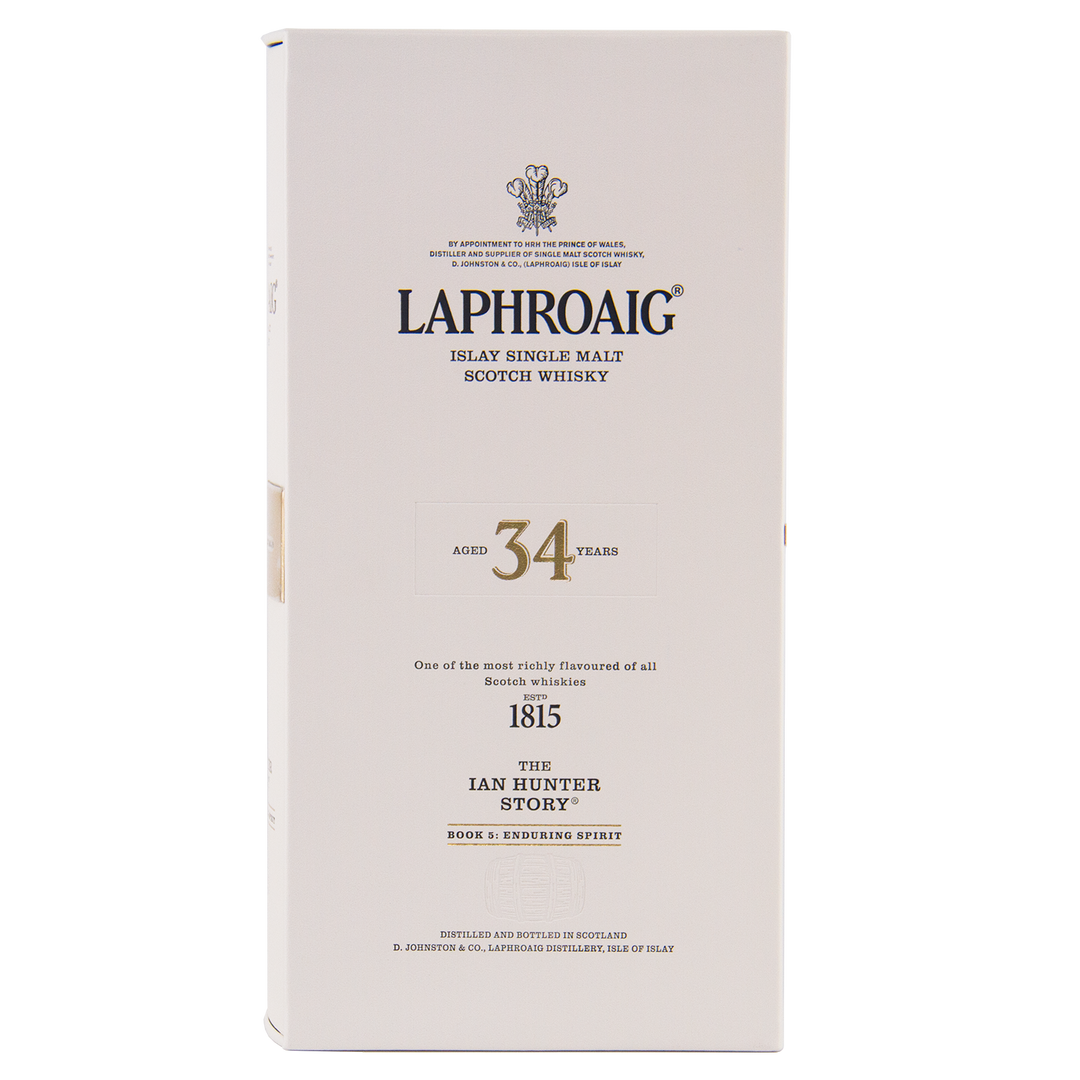 A white box of Laphroaig Ian Hunter Story Book 5 34 Year Old Single Malt Whisky, featuring an elegant minimalist design and text highlighting the Islay whisky’s unique flavor and rich heritage.