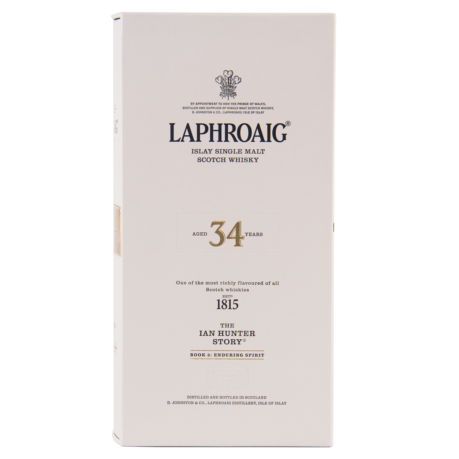 A white box of Laphroaig Ian Hunter Story Book 5 34 Year Old Single Malt Whisky, featuring an elegant minimalist design and text highlighting the Islay whisky’s unique flavor and rich heritage.
