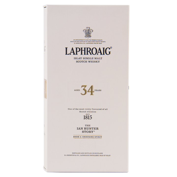 A white box of Laphroaig Ian Hunter Story Book 5 34 Year Old Single Malt Whisky, featuring an elegant minimalist design and text highlighting the Islay whisky’s unique flavor and rich heritage.
