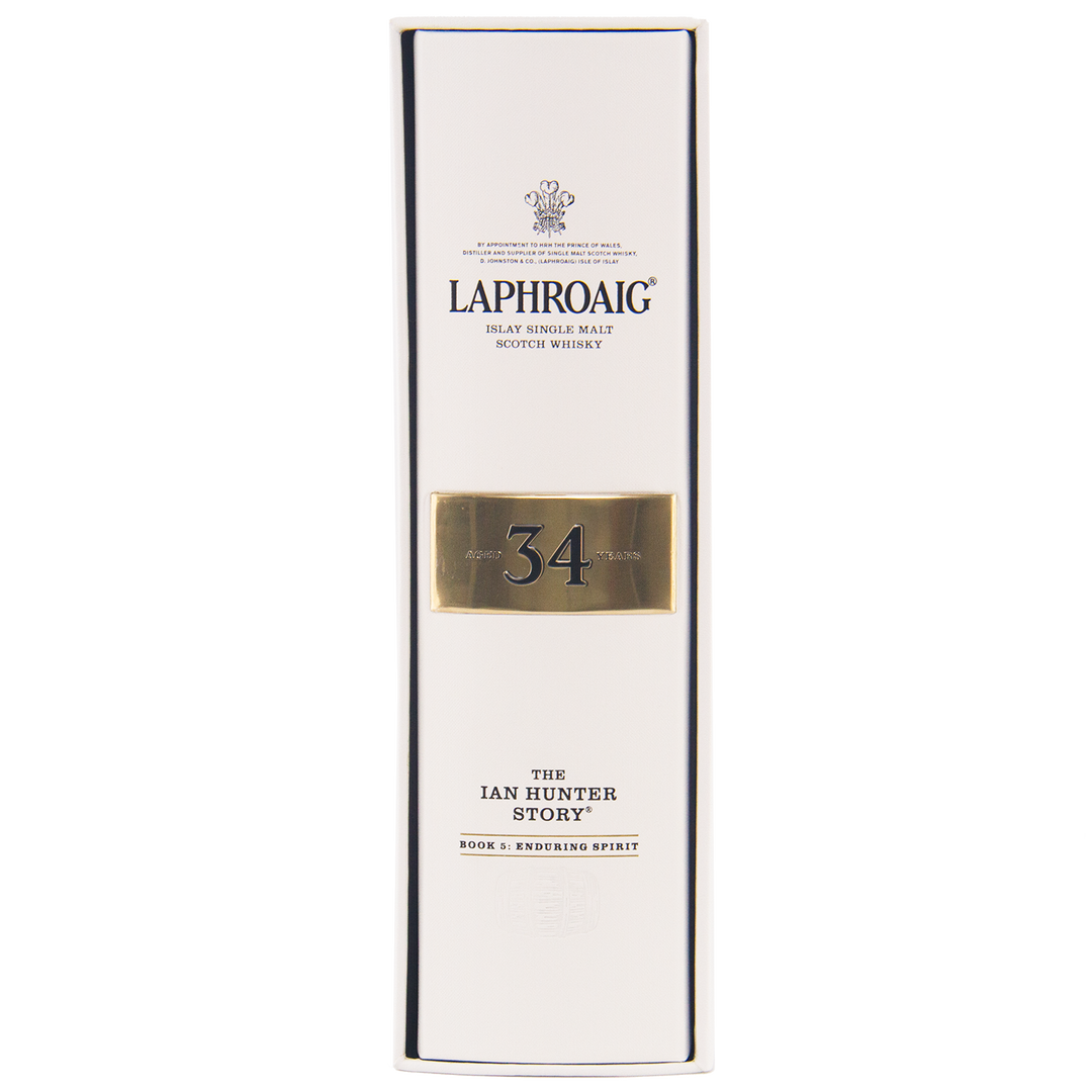 A white box of Laphroaig Ian Hunter Story Book 5 34 Year Old Single Malt Whisky, featuring "34" in a gold rectangle and "The Ian Hunter Story" plus "Book 5: Enduring Spirit" below the brand name.
