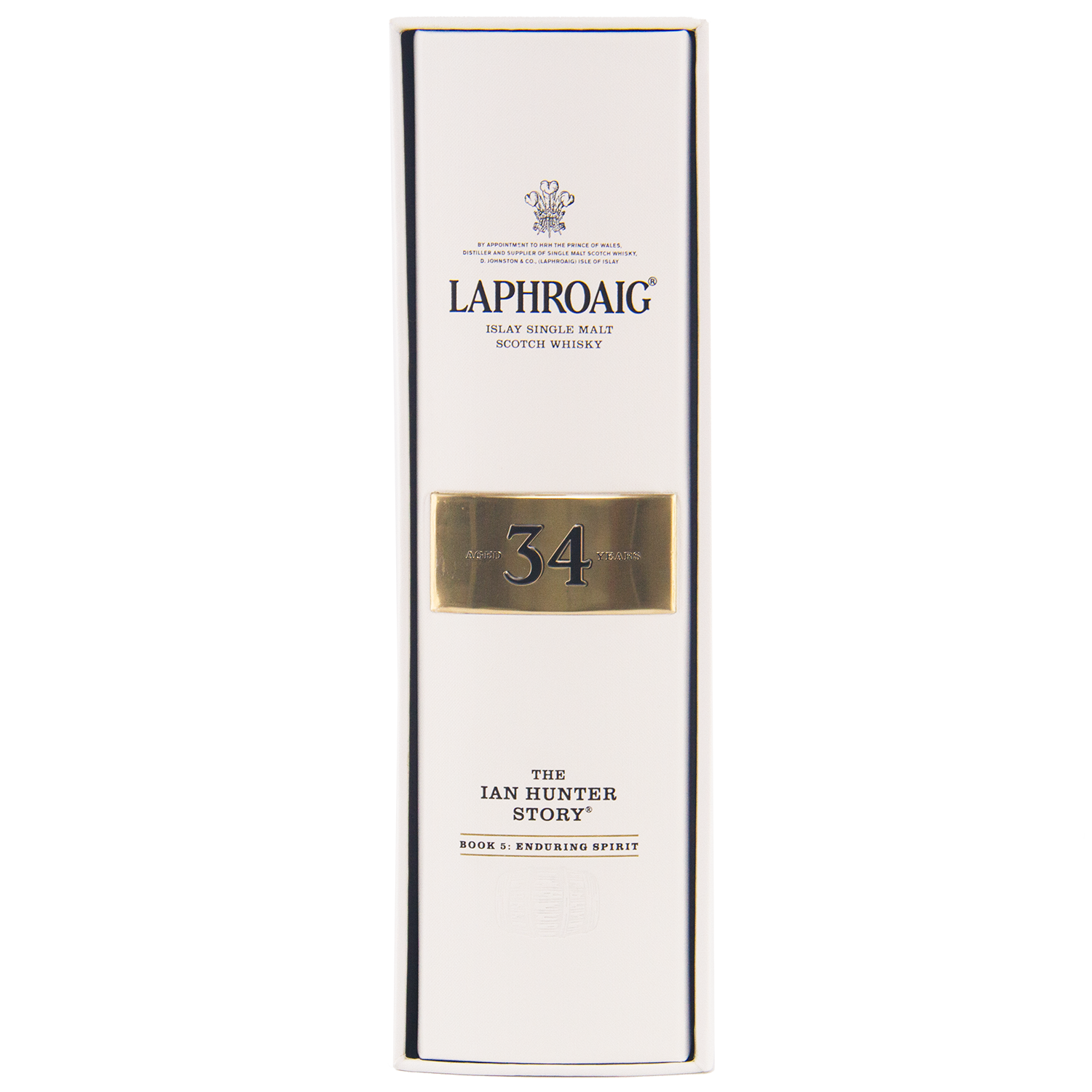 A white box of Laphroaig Ian Hunter Story Book 5 34 Year Old Single Malt Whisky, featuring "34" in a gold rectangle and "The Ian Hunter Story" plus "Book 5: Enduring Spirit" below the brand name.