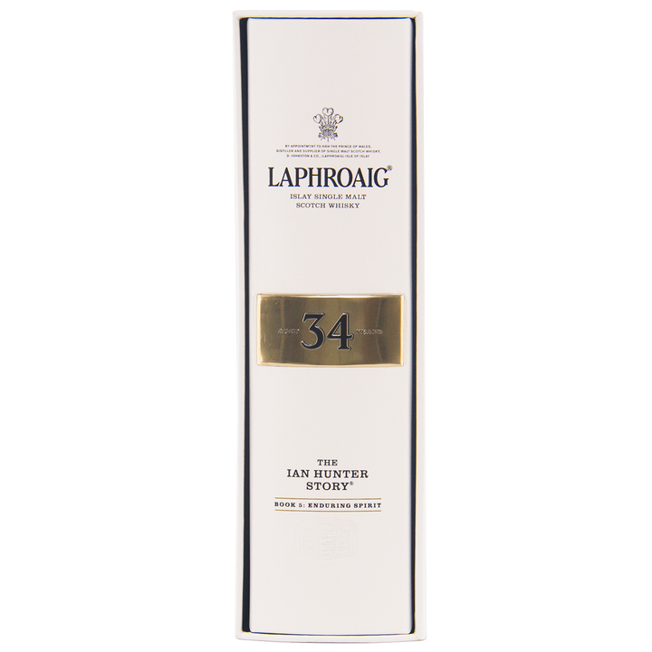 A white box of Laphroaig Ian Hunter Story Book 5 34 Year Old Single Malt Whisky, featuring "34" in a gold rectangle and "The Ian Hunter Story" plus "Book 5: Enduring Spirit" below the brand name.