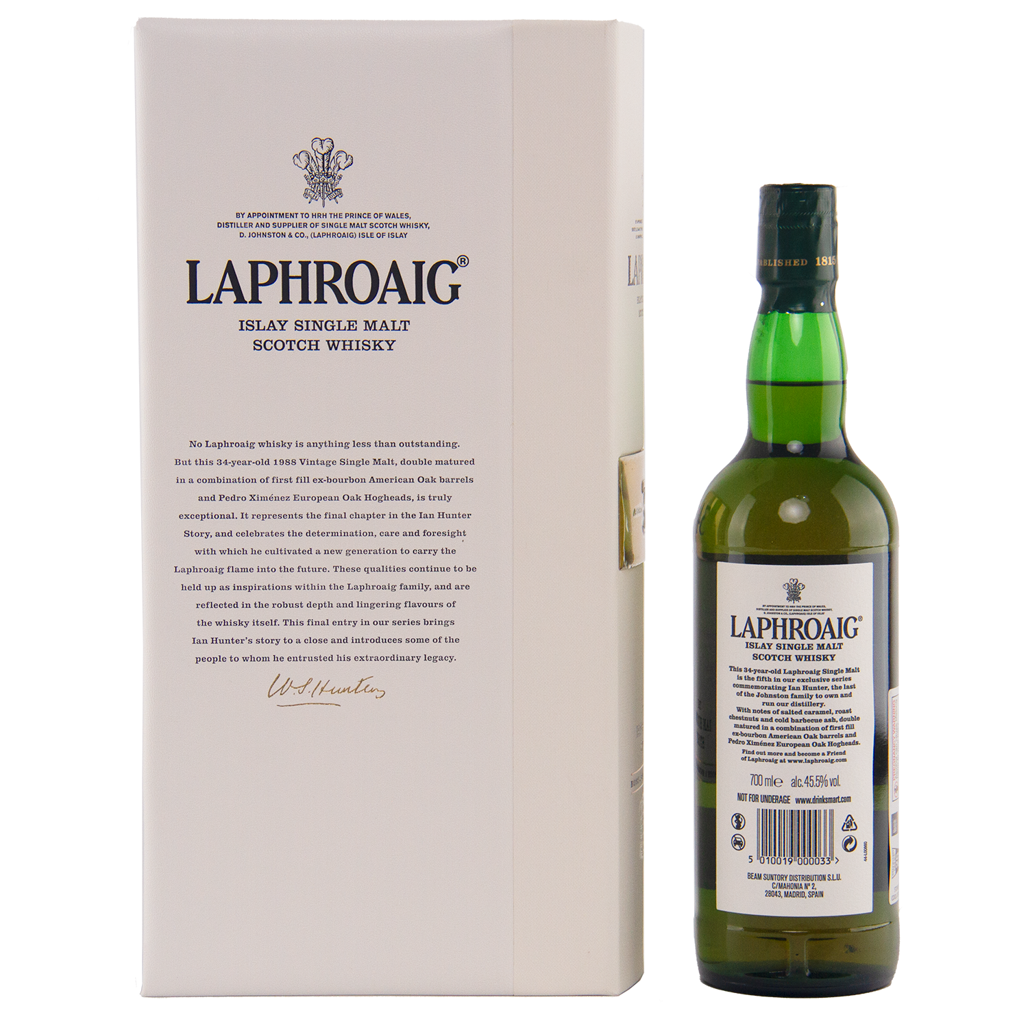 A bottle of Laphroaig Ian Hunter Story Book 5 34 Year Old Single Malt Whisky is displayed beside its white box, featuring detailed product info and black text. The green bottle has a classic white label.
