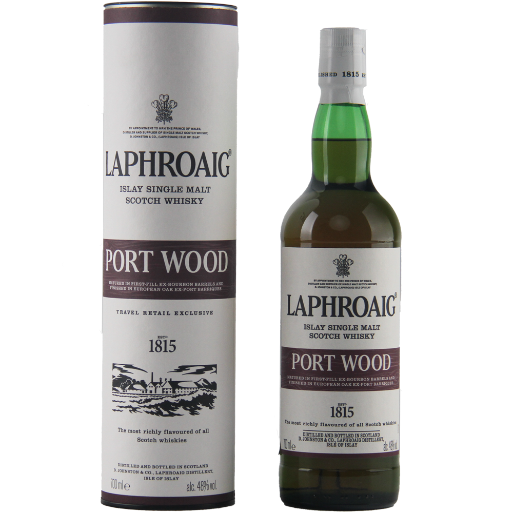 A bottle and cylindrical box of Laphroaig Port Wood Single Malt Whisky, with white labels, black and maroon text, detailed branding, and notes of rich port cask-aged peated whisky.